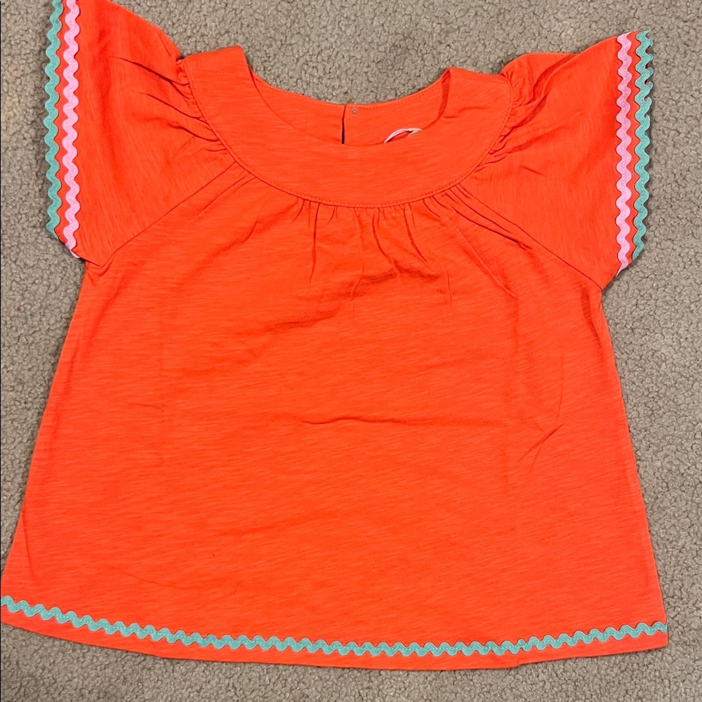 Mini Boden Bright Orange Short-Sleeve Tee with Multicolor Rickrack Trim